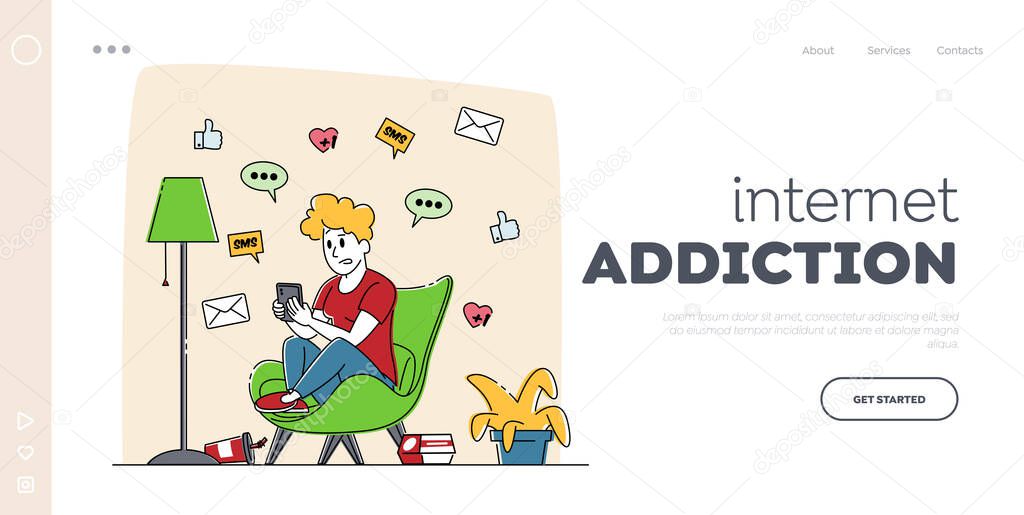 Gadget Addiction, Cellphone Communication Landing Page Template. Woman Character Looking on Screen of Smartphone Write Messages in Social Media on Mobile Phone in Internet. Linear Vector Illustration