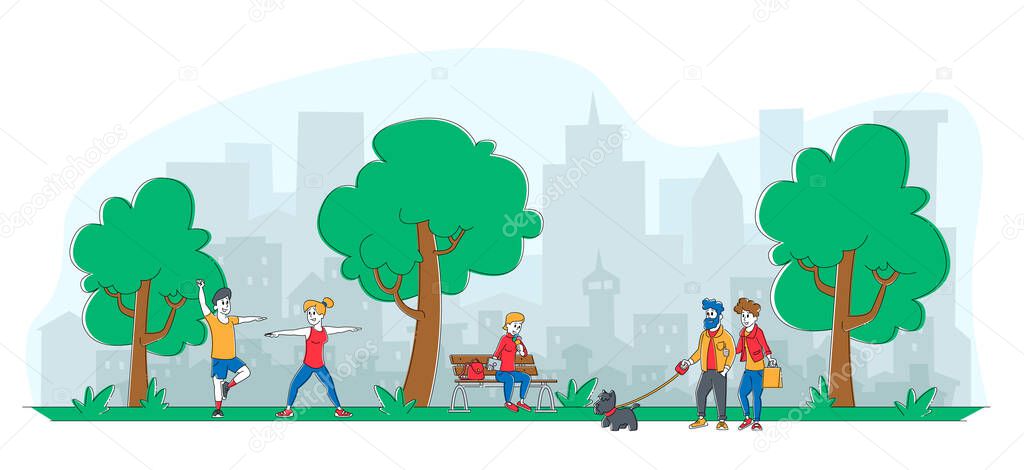 People City Dwellers Outdoors Activity. Male Female Characters Spend Time in Public Park Walking with Pet, Eating Ice Cream, Exercising. Summertime Outdoor Activity Linear People Vector Illustration