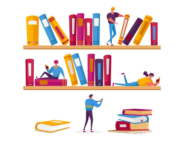 Tiny Women and Men Characters Reading in Library Sitting on Huge Shelves with Books. People Students — Stock Vector