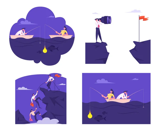 Set Businessmen and Businesswomen Personajes La captura de peces Sentado en barco en el océano, Montaña de escalada en equipo, Mira en enormes prismáticos. Trabajo en equipo, visión empresarial. Dibujos animados Gente Vector Ilustración — Archivo Imágenes Vectoriales