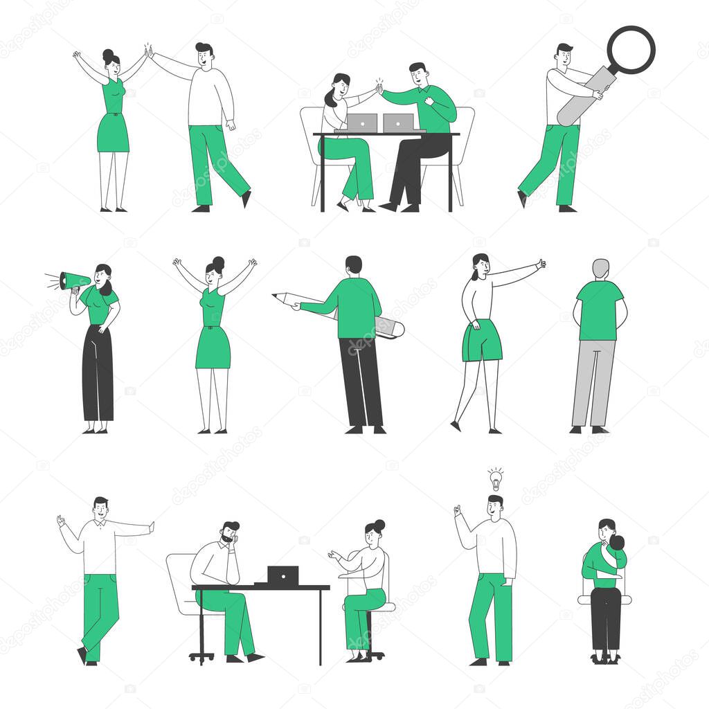 Set of Male and Female Businesspeople Giving High Five, Working in Office on Laptop, Have Creative Idea. Tiny Characters Holding Huge Pen, Magnifier, Megaphone. Linear People Vector Illustration