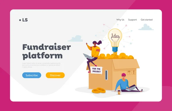 Mensen verzamelen geld met behulp van Crowdfunding Platform Landing Page Template. Kleine karakters zitten bij Enorme Doos — Stockvector