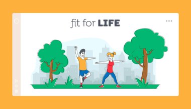 Park Landing Page Şablonu 'nda Halk Sporları Egzersizleri. Karakterler Yoga Etkinliği Konsepti. Fitness, Spor
