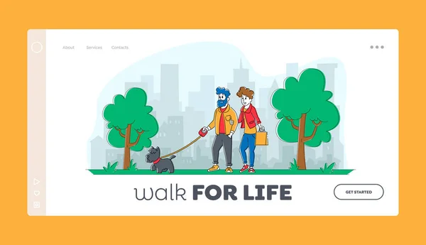 Pessoas Passando Tempo com Pet Outdoors Landing Page Template. Personagens casal caminhando com cão em Public City Park —  Vetores de Stock