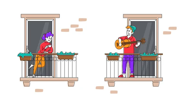 Menschen bleiben zu Hause, globale Aussperrung. Männliche Figur steht auf Balkon und spielt Gitarre und singt Mädchen ein Lied — Stockvektor