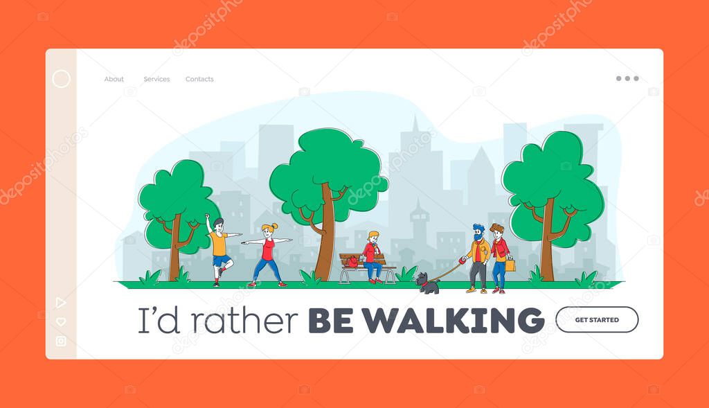 People City Dwellers Outdoors Activity Landing Page Template. Characters Spend Time in Park Walking with Pets