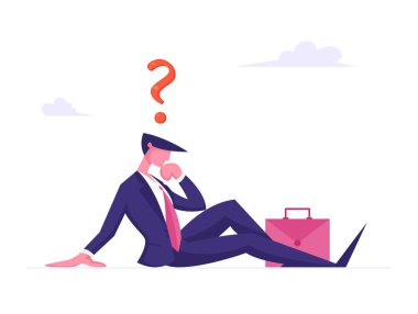 Genç Düşünceli İş Adamı Kafasının üstünde Soru İşareti ile Yerde Oturuyor. Erkek Karakterler Çözüm ya da Zor Cevap. Faq, Müşteri Çevrimiçi Hizmet Konsepti. Çizgi film Vektör İllüstrasyonu