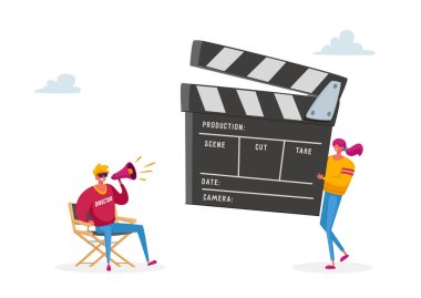 Yönetmen Karakteri ile Film Yapım Süreci, Megaphone ve Film Kayıt Ekibi ile Personel Kullanımı. Alkışların Numaralarını Gösteren Alkışlayan Kadın Asistanı. Çizgi film İnsanları Vektör İllüstrasyonu