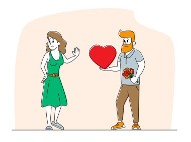 Karşılıksız Aşk Konsepti. Sevgi Dolu Adam, Kadınlara Büyük Kırmızı Kalp Veriyor Duygularını Reddederek Hayır diyor. Erkek ve Kadın Karakterleri İlişkisi, İnsanlar Çıkma ve Ayrılma. Doğrusal Vektör İllüstrasyonu
