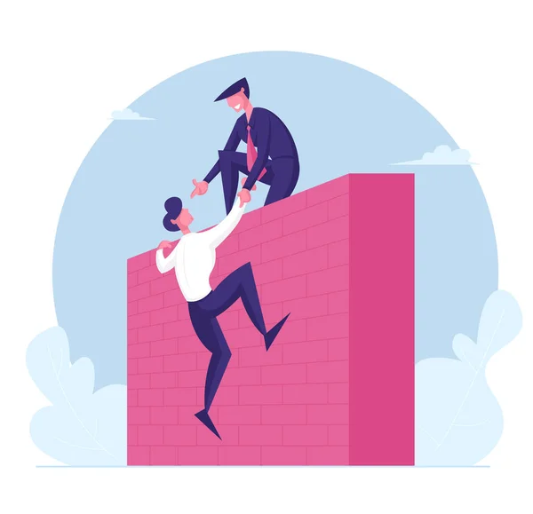 Líder de Negocio Personaje Ayuda a Colega a subir a la cima de la pared alta. Empresario Ayudar a su compañero de equipo para superar problemas. Trabajo en equipo, concepto de asistencia mutua de liderazgo. Dibujos animados Gente Vector Ilustración — Archivo Imágenes Vectoriales