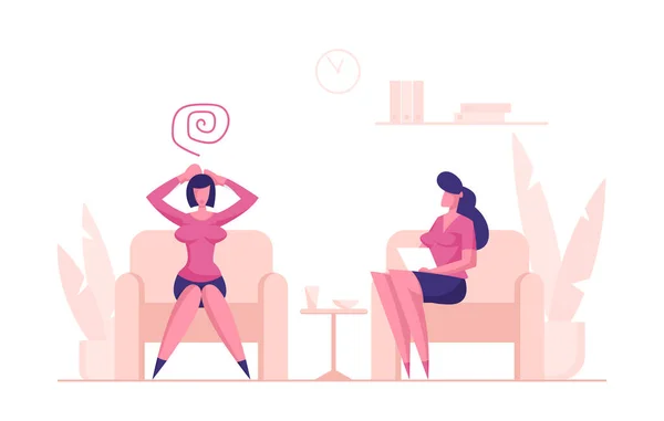 Depressed Woman Client Character Sitting on Couch at Psychologist Appointment for Professional Help. Doctor, Specialist Talking with Patient of Mind Health Problem. Cartoon People Vector Illustration — Stock Vector