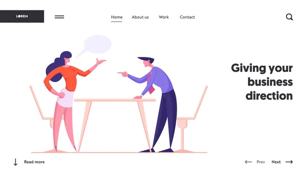 Üzletemberek nézeteltérés, munkahelyi konfliktus kollégák vagy irodai alkalmazottak között Landing Page Template. Üzleti férfi és nő karakterek kiabálás, veszekedés és harc. Rajzfilm vektor illusztráció — Stock Vector