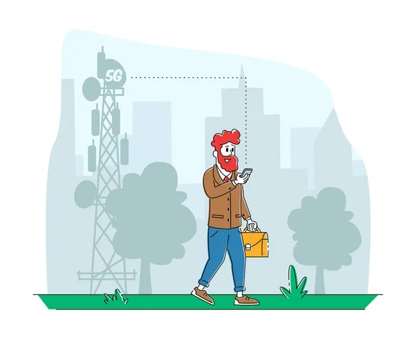 Man Character with Mobile Phone Pass by Transmission Tower Using 5G Internet for Chatting Texting in Social Networks. Communication Services for Gadgets, Smart Technologies. Linear Vector Illustration — Stock Vector