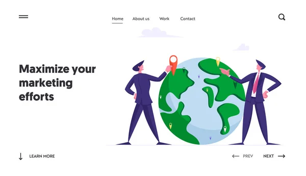 Sviluppo Globale, Globalizzazione Mondiale Landing Page Template. Personaggi d'affari al globo terrestre Spostare il perno di navigazione e guardare lontano, Business Vision. Illustrazione del vettore della gente del fumetto — Vettoriale Stock