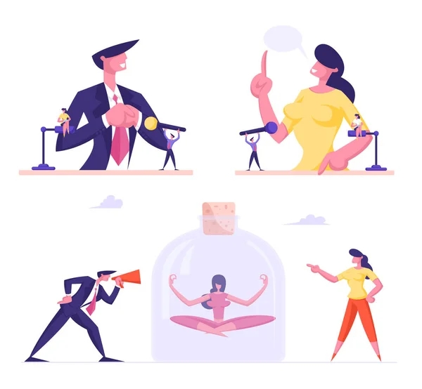 Conjunto de empresários masculinos e femininos que realizam debates políticos nos Tribunes com microfones. Mulher meditante Evite personagens de estresse isolados em fundo branco. Desenhos animados Vector Ilustração — Vetor de Stock