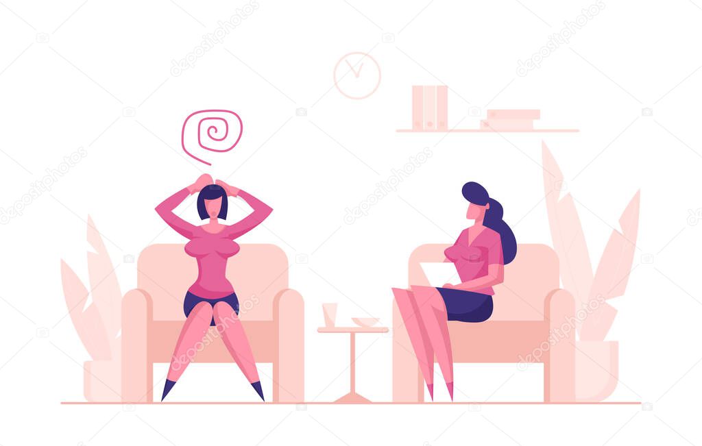 Depressed Woman Client Character Sitting on Couch at Psychologist Appointment for Professional Help. Doctor, Specialist Talking with Patient of Mind Health Problem. Cartoon People Vector Illustration