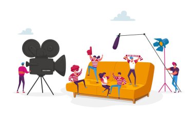 Minik Karakterler Film Yapar. Operatör Kamera Kullanıyor, Personel Spor Takımı ya da Taraftarların Dev Kanepe 'de Kostümlerde Oynaması Hakkında Profesyonel Ekip Kayıt Filmi. Çizgi film İnsanları Vektör İllüstrasyonu