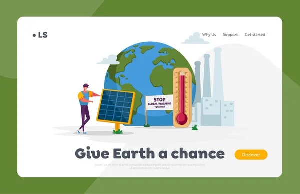 Energia Verde, Aquecimento Global e Problemas de Meio Ambiente Modelo de landing page. Homem personagem configurar painel solar contra a Terra Globo. Energia solar renovável, electricidade limpa. Desenhos animados Vector Ilustração — Vetor de Stock