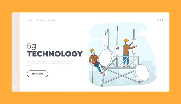 5G Internet Landing Page Template. Workers Character in Uniform Installing Equipment for Transmission Telecommunication Tower. High-speed Communication Technologies. Linear People Vector Illustration — Stock Vector