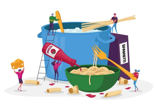 Manliga och kvinnliga karaktärer matlagning pasta, sätta spaghetti och torr makaroner av olika typer i stora Pan med kokande vatten, ost och ketchup på plattan, italiensk mat. Tecknad människor vektor Illustration — Stock vektor