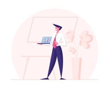 Toplantı Odası, Seminer. Business Trainer Character Giving Financial Consultation Show Sunumunu Diz üstü bilgisayarında Veri Analizi ve İstatistik Grafikleri ve Grafikleri ile Sunar. Çizgi film Vektör İllüstrasyonu