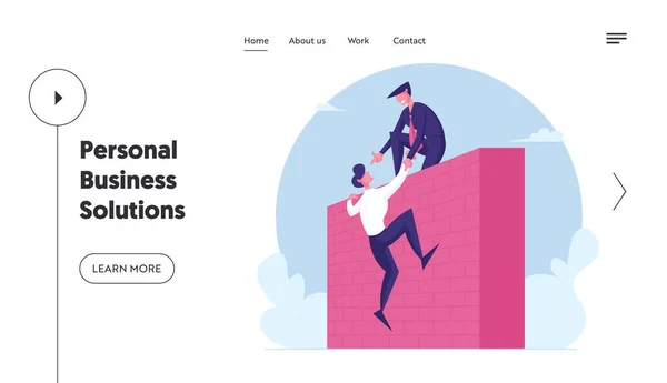 Trabalho em equipe, Assistência Mútua Landing Page Template. Personagem Líder de Negócios Ajuda Colega Subir na Parede Alta. Empresário Auxiliar companheiro de equipe para superar problemas. Desenhos animados Pessoas Vector Ilustração — Vetor de Stock