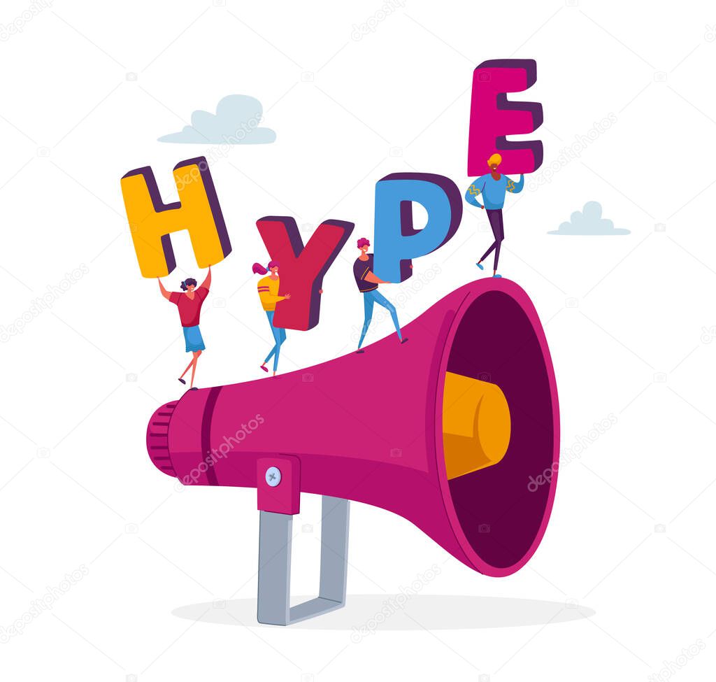 Tiny Male and Female Character Hold Huge Letters Stand on Megaphone. Spreading Hype Content in Social Networks, Trends in Advertising and News, Public Relations. Cartoon People Vector Illustration