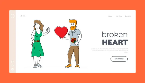 Unrequited Love Landing Page Template. Loving Man Giving Huge Red Heart to Woman Rejecting his Feelings Saying No. Couple Characters Relationship, People Dating and Parting. Linear Vector Illustration — Stock Vector