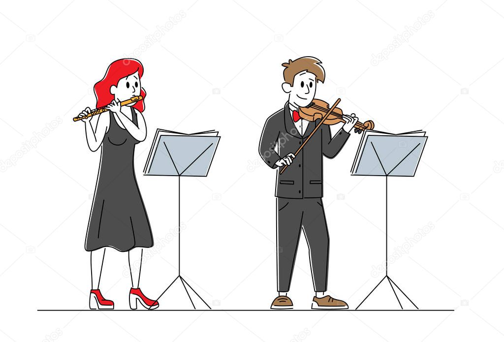 Musicians Characters with Instruments Perform on Stage with Violin and Flute. Symphony Orchestra Classical Music Concert, Performance on Philharmonic Scene, Ensemble. Linear Vector People Illustration
