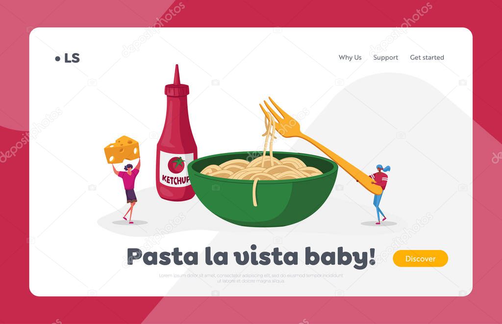 Macaroni Italian Cuisine, Healthy Food Landing Page Template. Tiny Female Characters Eating Spaghetti Pasta with Ketchup and Cheese. Huge Sauce Bottle near Plate. Cartoon People Vector Illustration