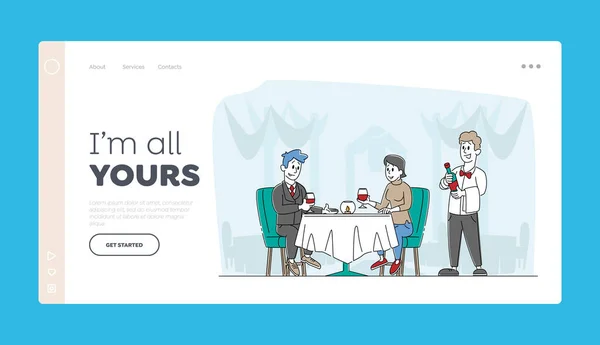 Romantic Relations, Love, Meeting Landing Page Template (en inglés). Personajes de pareja amorosa Citas en el restaurante. Joven y mujer sosteniendo vasos en las manos se sientan a la mesa. Personas lineales Vector Ilustración — Vector de stock