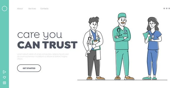 Clinic or Hospital Healthcare Staff at Work Landing Page Template. Doctors and Nurses Characters with Medical Tools Stand in Row. Medicine Profession, Occupation. Linear People Vector Illustration