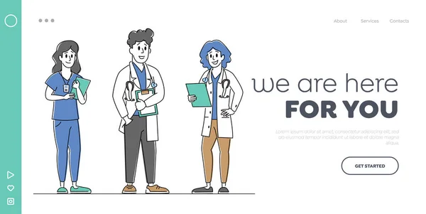 Clinic Medicine Profession, Occupation Landing Page Template (en inglés). Equipo de personal de salud del hospital en el trabajo. Personajes médicos en bata médica con estetoscopio y cuaderno. Personas lineales Vector Ilustración — Vector de stock