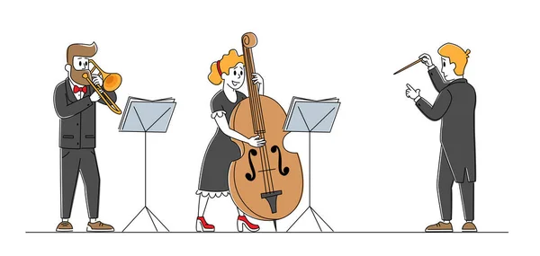 Musicisti con Strumenti e Personaggi Direttori si esibiscono sul palco con Violoncello e Tromba. Orchestra sinfonica Performance di musica classica, Ensemble strumentale. Illustrazione lineare della gente del vettore — Vettoriale Stock