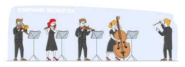 Senfoni Orkestrası Klasik Müzik Konseri Çalıyor. Enstrümanlı Orkestra Şefi ve Müzisyen Karakterleri