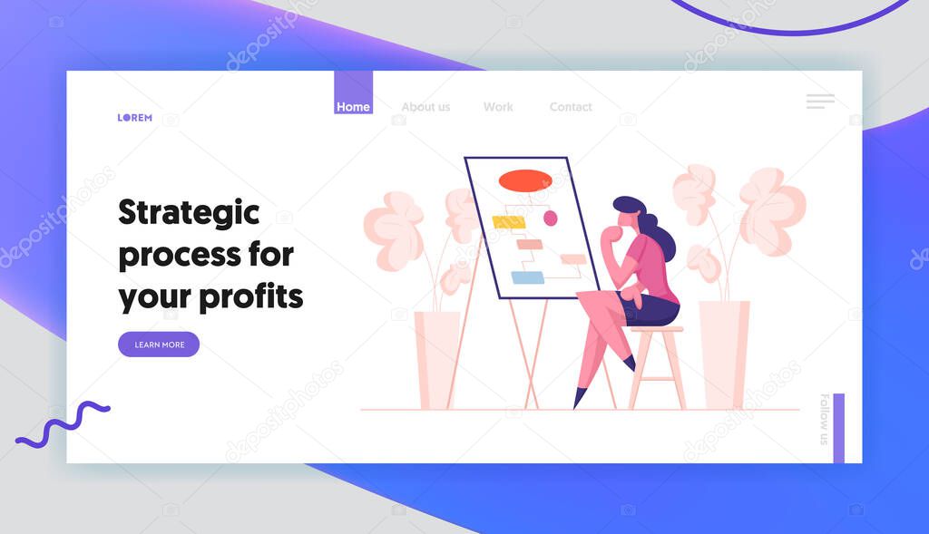 Vector of Business Process and Workflow Algorithm Landing Page Template. Businesswoman Character Studying Flowcharts Business Process and Workflow Algorithm Landing Page Template. Businesswoman Character Studying Flowcharts on Chalkboard to Realize Interconnection of Individual Elements. Cartoon Vector Illustration stock vector