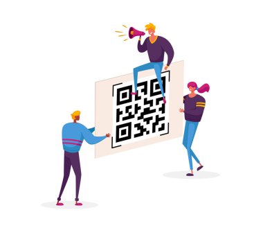 Nakitsiz Toplum Kavramı. Küçük Erkek ve Kadın Karakterler Fiyatları Denetlemek, Terfi Almak ve İndirim Almak İçin Büyük Qr Kodu Taşır. Alışveriş için mobil uygulama uygulaması. Çizgi film İnsanları Vektör İllüstrasyonu