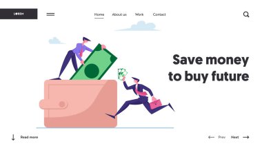 Tasarruf, Maaş, Kazanç, Nakit ve Kredi Kartları İniş Şablonu. Erkek Karakterler ve Para ve Bankacılık Kartlarıyla Büyük Cüzdan. Minik Adam faturaları çantaya koydu. Çizgi film İnsanları Vektör İllüstrasyonu