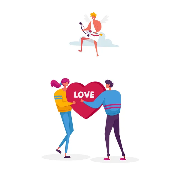 Man Ask Woman to Marry. Fall in Love Concept. Young Male Female Characters Share Huge Red Heart Pierced. Cheerful Cupid Sitting on Cloud in Sky with Bow Aiming to People. Cartoon Vector Illustration — Stock Vector