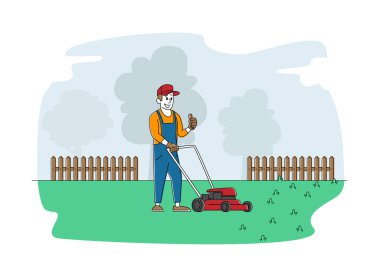 Bahçe 'de veya Şehir Parkı' nda çim biçen adam karakteri. Bahçıvan, Cottager ya da İşçi Çim Biçme Makinesi Bahçe düzenleme ve Arka Bahçe Kesme Çimleri Bakımı. Doğrusal Vektör İllüstrasyonu