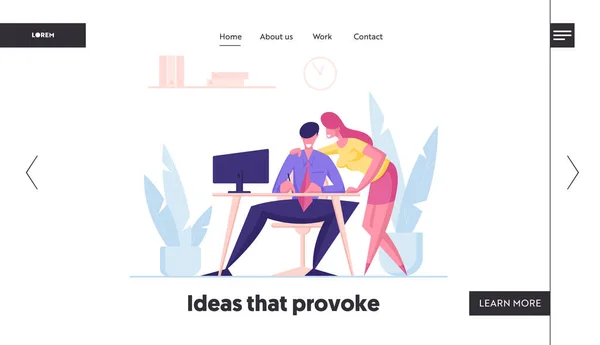 Співробітники компанії Routine Team Working Process Landing Page Template. Ділова жінка Характер Gossip з чоловіком сидить на столі Робота на комп'ютері в офісі, Chitchat. Мультфільм Люди Векторні ілюстрації — стоковий вектор