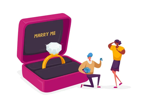 Man Staande op Knie Holding Ring in Box Maken van een aanzoek aan vrouw vragen haar trouwen met hem. Liefde, verloving en huwelijksbegrip. Karakters vallen in liefdevolle relaties. Cartoon People Vector Illustratie — Stockvector