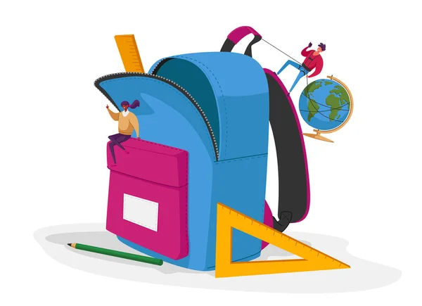 Terug naar School, Onderwijs Concept, Man en vrouw Karakters Zet Enorme Accessoires in Pupil Rugzak. Mensen zitten op Rucksack met potlood, Straightedge, Globe. Cartoon People Vector Illustratie — Stockvector