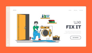 Bir Saat Tamir Servisi İniş Şablonu 'nun kocası. Üniformalı Erkek Karakteri Evde Bozuk Çamaşır Makinesini Düzelten Aletlerle Çalışıyor. Tesisatçı Usta İş 'i ara. Doğrusal Vektör İllüstrasyonu