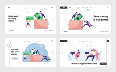 Cüzdandaki Nakit ve Kredi Kartları, Envy Feeling Landing Page Şablonu. Minik Karakterler Büyük Para Çantası 'na Para Koyuyor. Ofisteki Kikirdek ve Tartışma Kızı. Çizgi film İnsanları Vektör İllüstrasyonu
