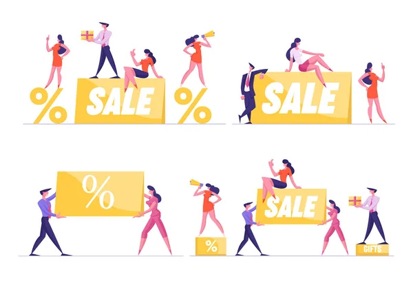 Großes Sale Set vorhanden. Promoterfiguren mit Megafon stehen auf dem Podium mit Prozentsymbol. Kundenhaltegeschenk. Spezielle Shopping-Angebot Promotion-Rabatt und Preis Off. Cartoon People Vektor Illustration — Stockvektor