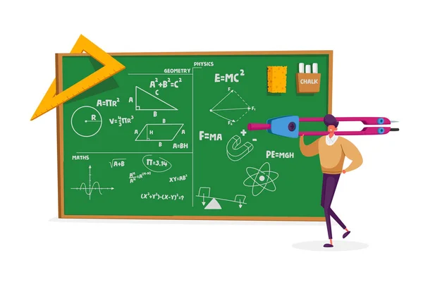 Tiny Teacher Male Character Holding Τεράστιο Compass Stand στο Chalkboard με Geometry and Physics Formulas, Ruler, Sponge and Chalk Απομονωμένο σε Λευκό Φόντο, Εκπαίδευση. Εικονογράφηση διάνυσμα κινουμένων σχεδίων — Διανυσματικό Αρχείο