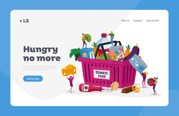 Plantilla de Landing Page de donación de alimentos. Personajes minúsculos llenando la cesta con productos para ayudar a la gente pobre. Apoyo a la Asistencia Social, Voluntariado y Caridad, Ayuda Humanitaria. Ilustración de vectores de dibujos animados — Vector de stock