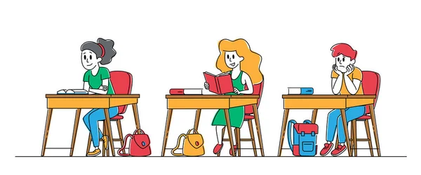 Çalışma Aletleri, Ders Kitapları ve Ekipman Sınıfta Masalarda Oturan Çocuk Karakterleri. Öğrenci kızlar ve Öğrenciler Bilgi Topluyor. Okula dön, Ders. Doğrusal İnsanlar Vektör İllüstrasyonu — Stok Vektör