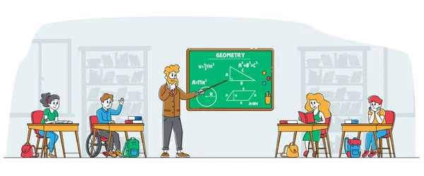 Dzieciaki na lekcji Concept. Postacie dzieci z nauczycielem w klasie. Niepełnosprawny chłopiec na wózku inwalidzkim siedzi przy biurku w klasie. Niepełnosprawność, edukacja, powrót do szkoły. Ilustracja wektora ludzi liniowych — Wektor stockowy